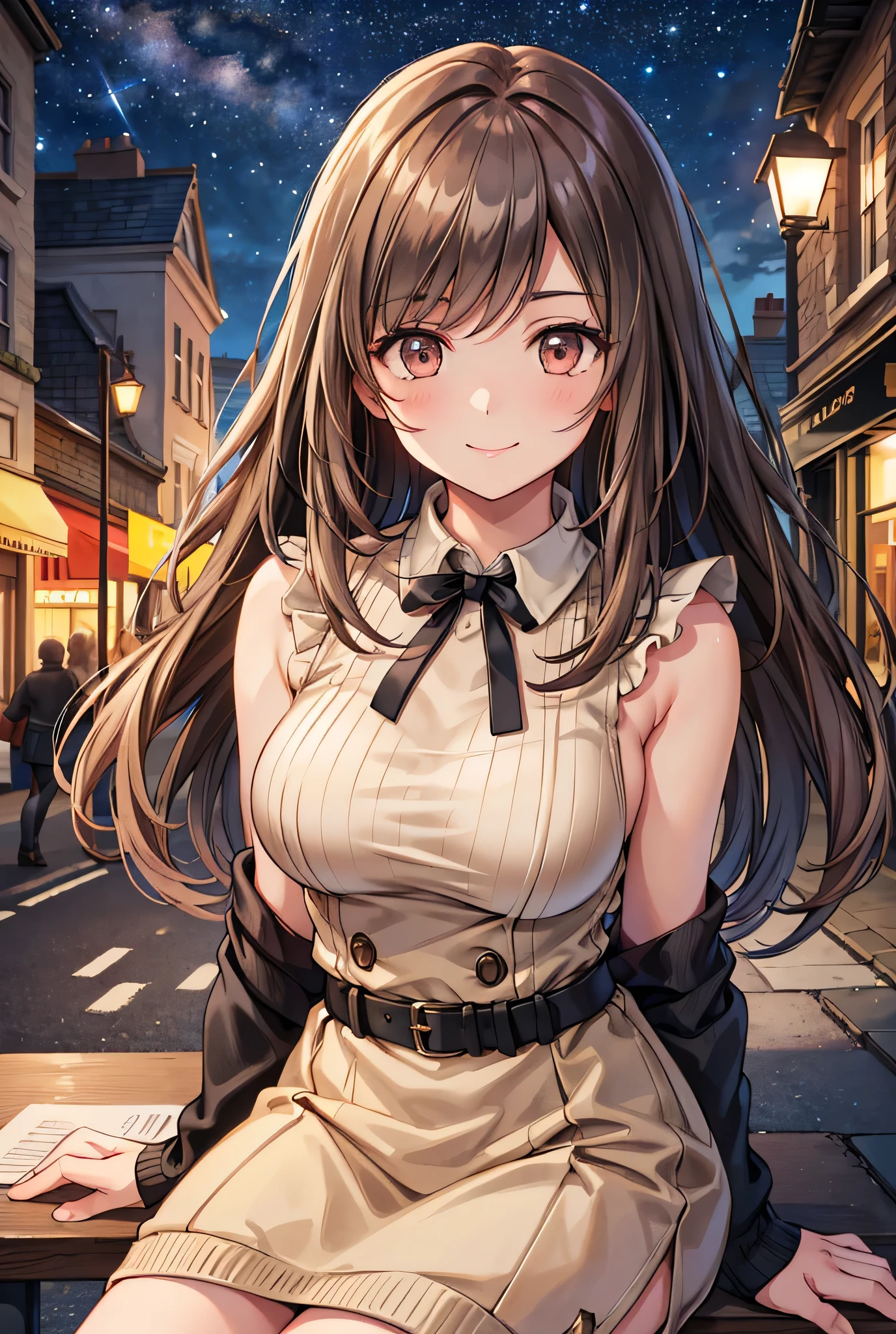  1 girl, solo,  High Resolution , Long Hair, ((Large Breasts)), smile,  brown eyes , Brown Hair, In the streets of England ,  High Resolution , masterpiece, accurate,  anatomically correct, 最high quality,  detail, 高い detail,  high definition models, high quality,  very detailed ,  textured skin,  ultra-fine,  black knitted sweater,  beige miniskirt,  black long boots with black ribbons, Cooking on the desk, Emphasize the upper body,  English restaurants in the streets of England, night,Terrace seats, Starry Sky, autumn, whole body, sit on a chair, 