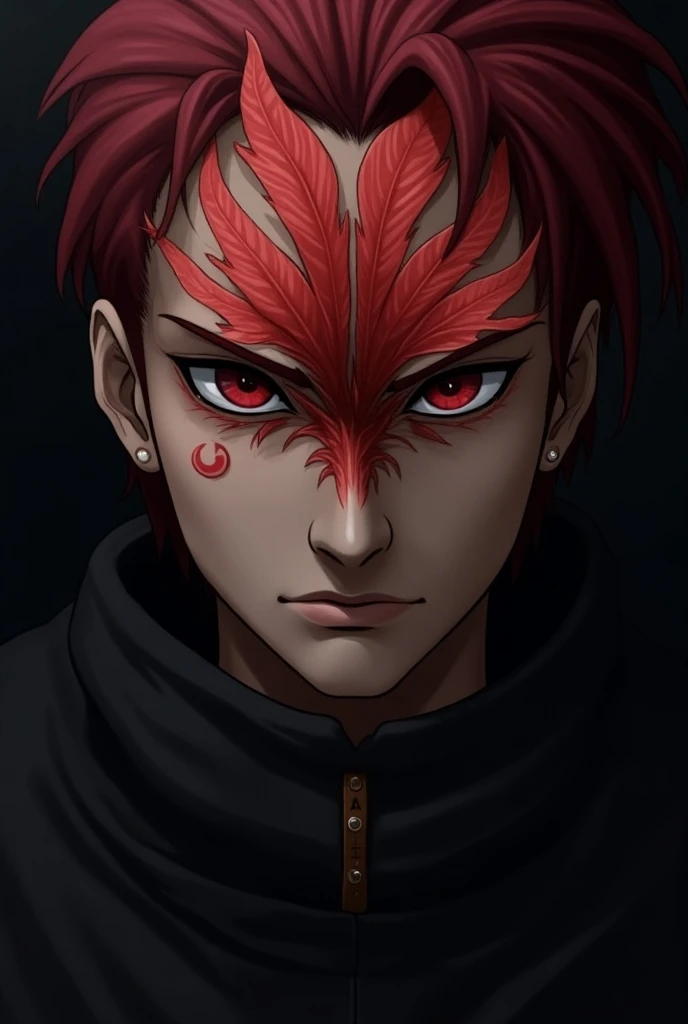 ((curse_mark)), dark theme, 1boy, pale skin, bags under eyes, empty eyes, red hair, spike, smile, evil smile, closed mouth, <lora:Kale:0.8>, <lora:LowRA:0.8>, <lora:menositanikuma2:1>, <lora:Gloomifier_TheDread_V1_LECO:1>, <lora:curse_mark-06:1>
