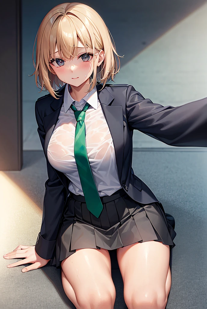 1girl, blond hair, short hair, blue eyes, white shirt, green skirt, city, rain, detailed background, up skirt, no panties, no bra, shirt soaked, nipples, pussy. full body image, hyper detailed pussy, small boobs. raining, stormy, people rushing around at sides