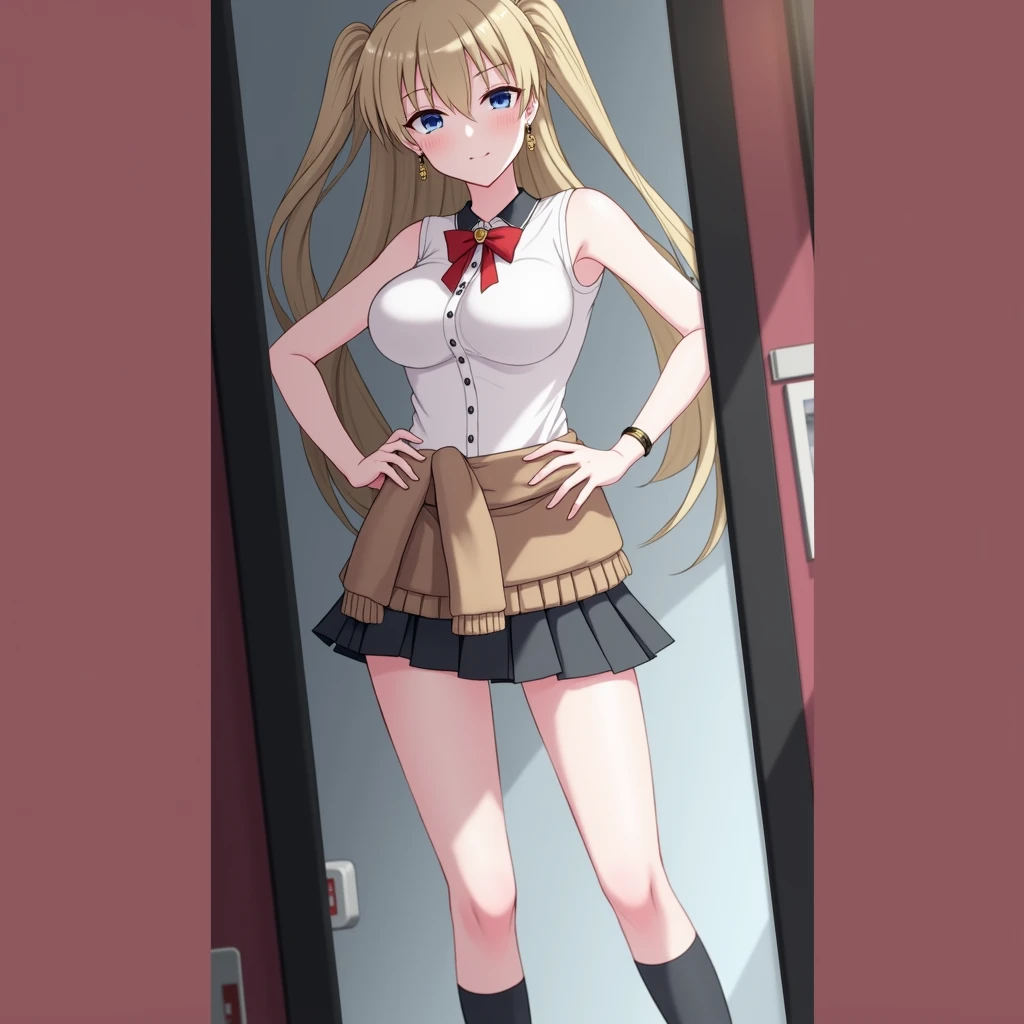 best quality, (masterpiece),(ultra-detailed), (high quality), (high resolution), (2heads:1.5), shoes with long socks, white shirt with red stripes, ponytail, blonde hair, ((petite figure)), standing up, full body, short girl