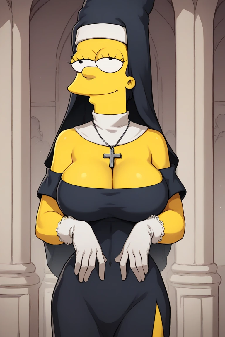 Marge Simpson very beautiful smiling with a super sexy body ((big breasts)) with A nun in a provocative outfit inspired by a traditional habit, but adapted with a tight, short black dress, combined with white lace details. She wears a veil that covers part of her hair, short lace gloves and accessories such as a necklace with a cross. The scene is set in a chapel or religious environment, with an atmosphere of contrast between purity and provocation, highlighting the daring and sensual style of the uniform.