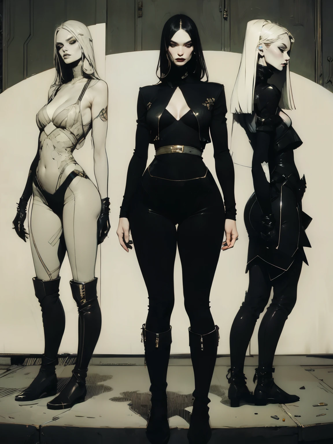 Woman alone, European woman, (((wide hips: 1.5))), 8k, absurd res, ((wide eyes: 1.4)), flawless face, woman with a soft body, (crisp black deco style formal business clothing), 1woman, solo, average body, natural body, full body image, 8k, masterpiece, highly detailed, (detailed golden eyes), expressive detailed eyes, pale skin, ((symmetrical eyes)), detailed pupils, realistic skin, some freckles, realistic skin texture, ((small breasts: 1.3)), analog style, (chin length hair), ((dark hair: 1.5)), deco cyberpunk setting, entire head and body image, ((her entire head and body must be in view)), perfect anatomy, anatomically correct, ((pale skin)), ((wearing flat boots: 1.3))