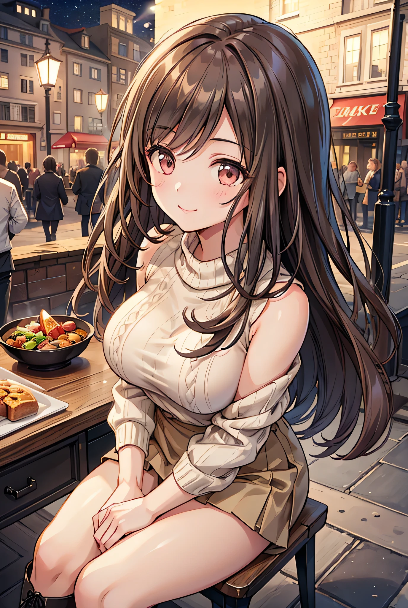  1 girl, solo,  High Resolution , Long Hair, ((Large Breasts)), smile,  brown eyes , Brown Hair, In the streets of England ,  High Resolution , masterpiece, accurate,  anatomically correct, 最high quality,  detail, 高い detail,  high definition models, high quality,  very detailed ,  textured skin,  ultra-fine,  black knitted sweater,  beige miniskirt,  black long boots with black ribbons, Cooking on the desk, Emphasize the upper body,  English restaurants in the streets of England, night,Terrace seats, Starry Sky, autumn, whole body, sit on a chair, Panty shot,