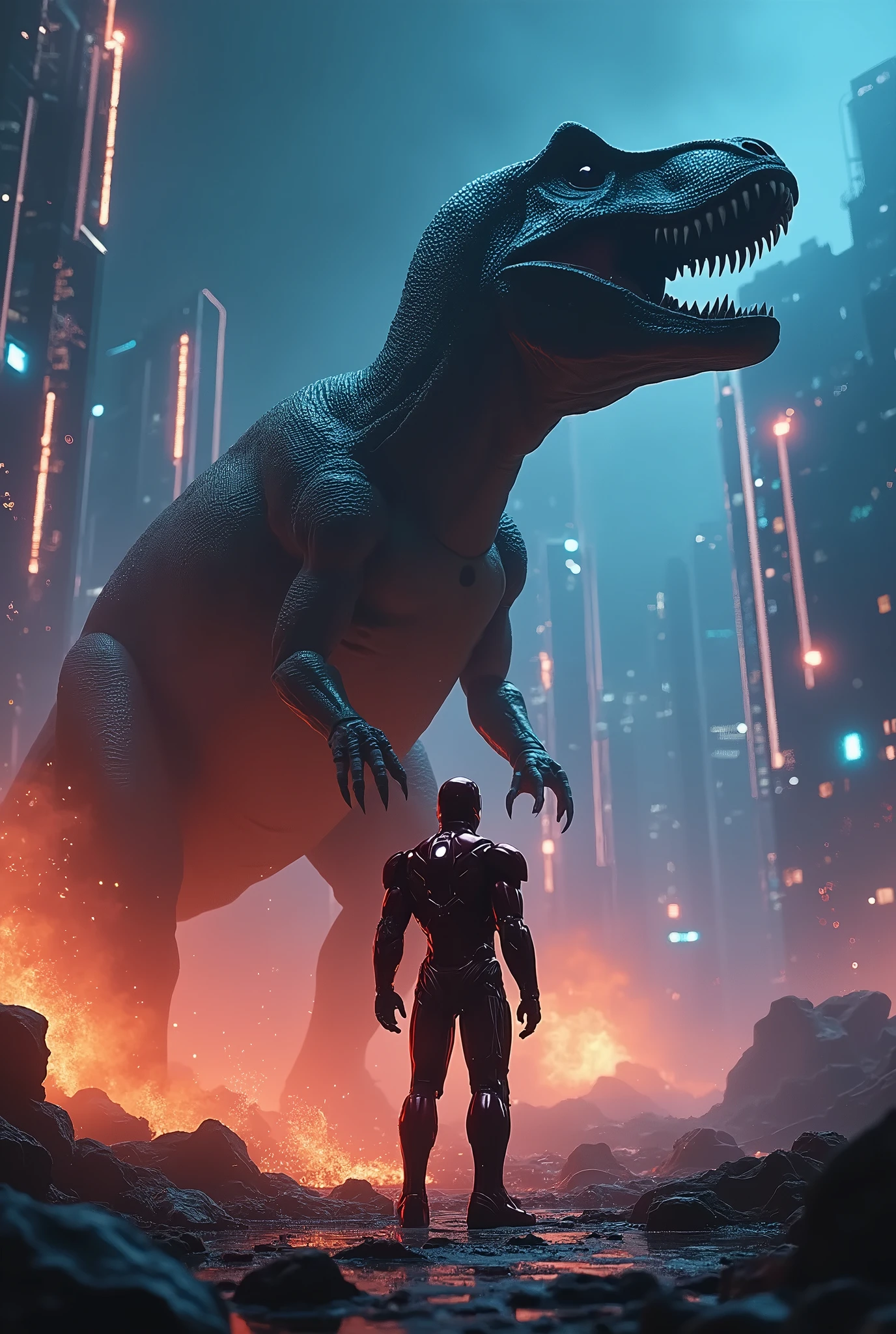 Iron man with orange and sky blue neon lights looking up at a t-rex.
