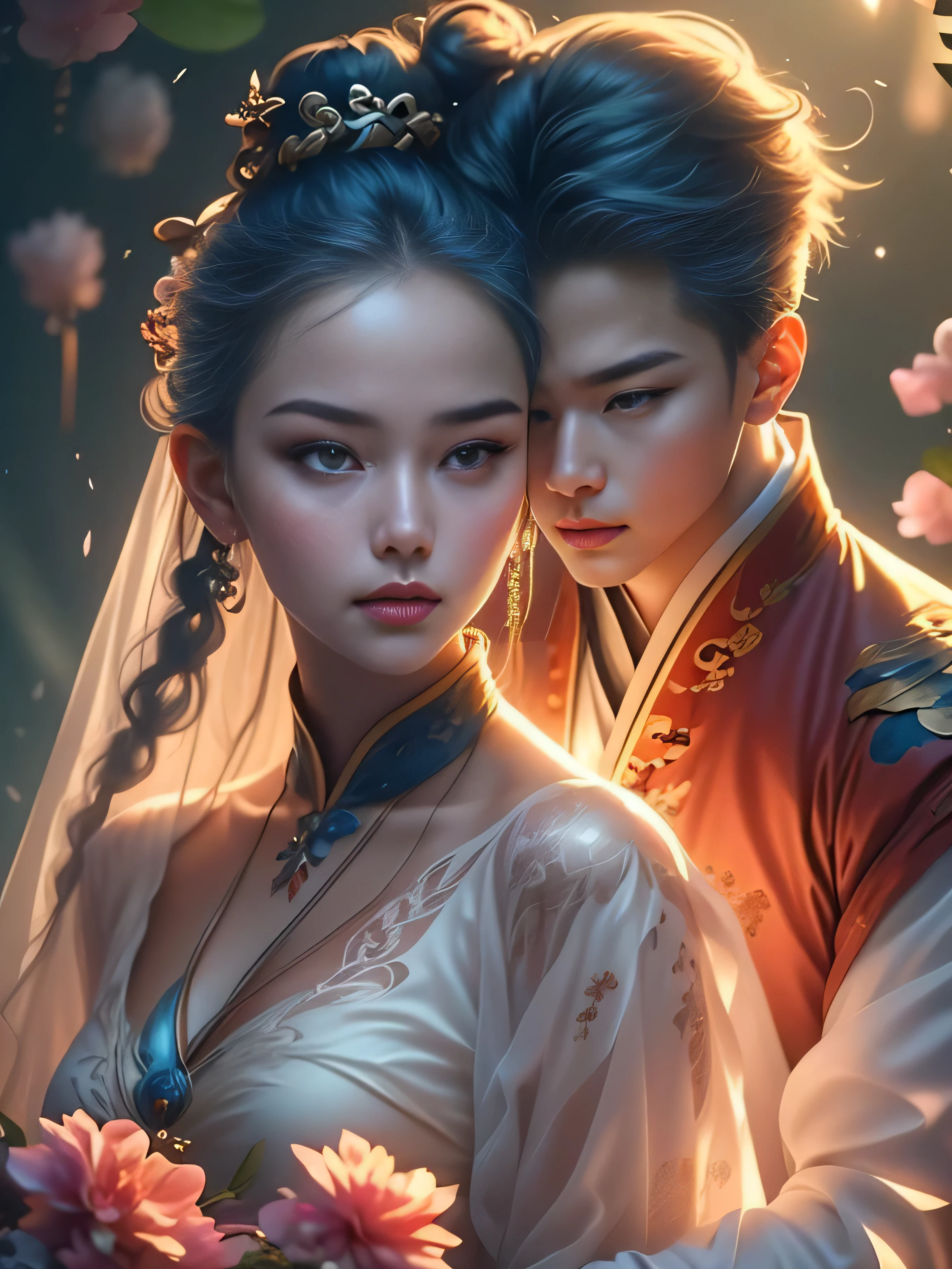 (Best Quality, Super Detail, Masterpiece, Representative Work, Official Art, Professional, Super Fine Detail, 8k:1.3), (photorealism:1.2), (Couple, Beautiful Girl and Boy), A couple in the sea of flowers, Handsome guy hugs beautiful girl from behind, Smiling and Wearing White Clothes, Delicate Hair, Chinese Beauty and Handsome Man, Wearing Ancient Chinese Clothes, Flowing Tulle, Light Silk, Create a movie poster similar to those used in Chinese romantic fantasy dramas, Correct proportions, Perfect face, perfect hands, Sweet atmosphere, Photorealistic, Sharp Focus, Dreamy Atmosphere, Delicate Details, Soft Volumetric Light, (Backlight:1.3), (Cinematic:1.2), Intricate Details, (ArtStation:1.3)