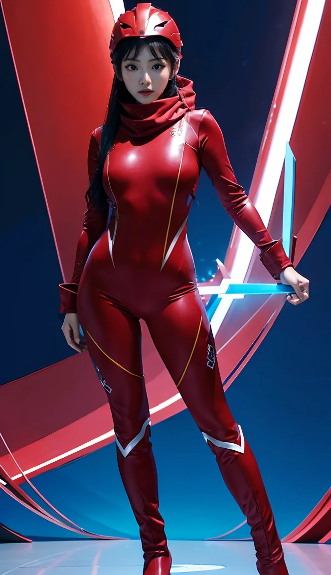 Accurate 、Full Body Photo 、Standing in her FULL HEIGHT from head to toe 、Studio background 、 Ning Ning from Aespa、Zero suit 、 Wearing a super tight RUBY coloured zero suit 、Ruby zero boots 、Holding a double dagger、Ruby helmet 、Ruby red scarf