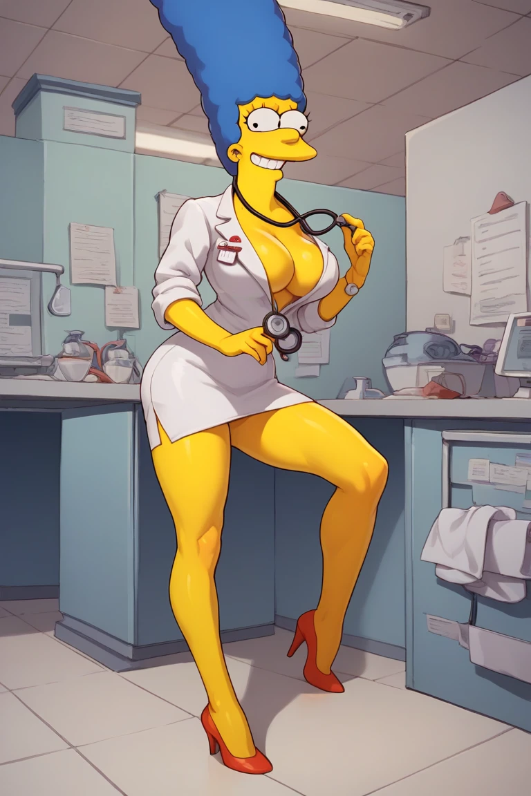 Marge Simpson very beautiful smiling with a super sexy body ((big breasts)) with A female doctor in a seductive uniform consisting of a short, tight white coat, worn open to reveal a fitted blouse or top underneath. She is wearing a tight skirt or tight pants, paired with high heels, and has a stethoscope hanging around her neck. The scene is set in a medical consultation room, with medical equipment and a stretcher in the background, creating an atmosphere that highlights the combination of professionalism and sensuality in the outfit.