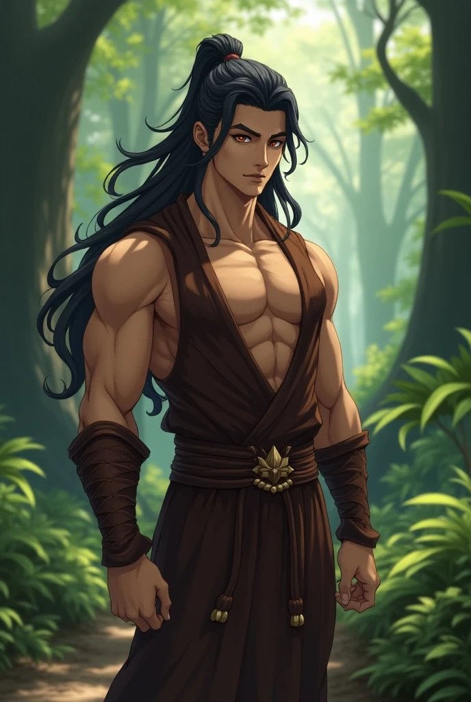 1 boy,Tall and strong,Perfect male body, eyes look at camera.(amazon indigenous male, Dark skin, primitive tattoo),Long hair, headband, feather necklace,serious expression, indigenous people, indigenous tribes, stand in forest,tropical rainforest,dramatic shadow, Ray tracing, Best quality, Cinematic lighting, Extremely detailed CG,8k wallpaper,Complicated details,