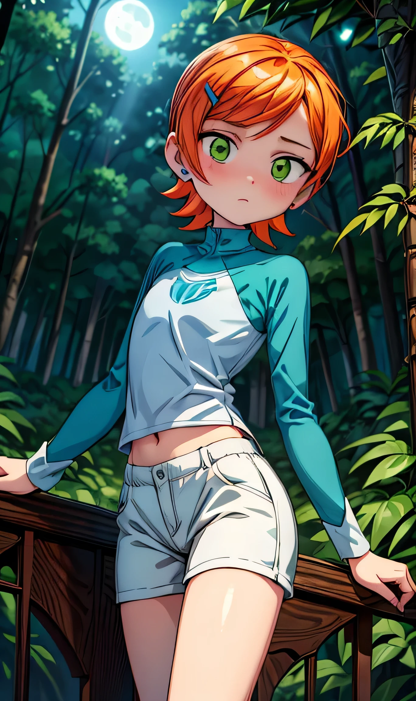 ( masterpiece ,  The best quality ), 1 girl, by orange,  short hair, green eyes, blue shirt, raglan sleeves, long sleeves, short blanco, in the forest, moon light outfit, (Gwen Tennyson embracing Ghostfreak), 