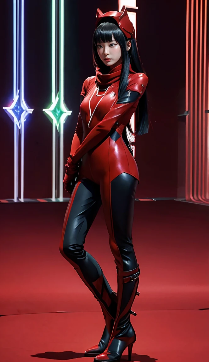 Accurate 、Full Body Photo 、Standing in her FULL HEIGHT from head to toe 、Studio background 、 Ning Ning from Aespa、Zero suit 、 Wearing a super tight RUBY coloured zero suit 、Ruby zero boots 、Holding a double dagger、Ruby helmet 、Ruby red scarf