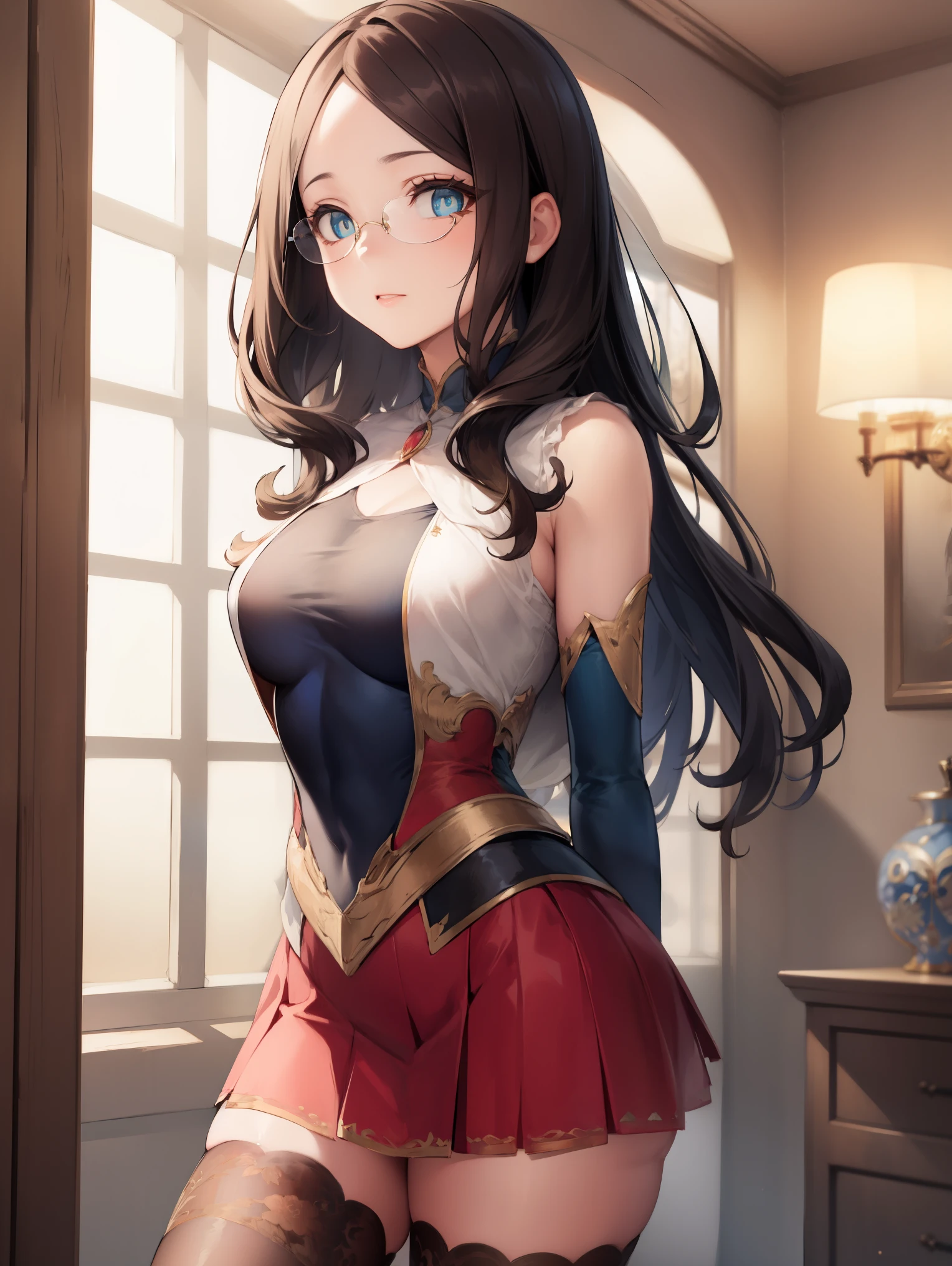 leonardodavinci, leonardo da vinci, blue eyes, brown hair, glasses, long hair, semi-rimless eyewear, under-rim eyewear,
BREAK (skirt, thighhighs, bare shoulders, detached sleeves, armor, white thighhighs, breastplate:1.2
BREAK looking at viewer,standing, leaning forward, (arms behind back:1.2),
BREAK indoors,
BREAK (masterpiece:1.2), best quality, high resolution, unity 8k wallpaper,NSFW ,(illustration:0.8), (beautiful detailed eyes:1.6), extremely detailed face, perfect lighting, extremely detailed CG, (perfect hands, perfect anatomy),