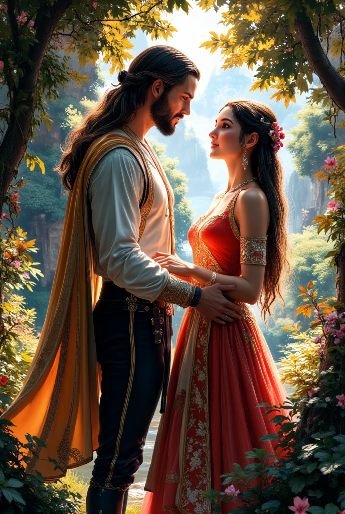  glossing Digitalhyperealisticillustration scene full-body brutal handsome prince 30 years old long hair behind a beautiful girl gently touches a buzzing cheeks, looks at a girl in love , white shirt black pants men , colordress she holds a book .from behind AutumnPalace Forest ,oldengland coats dress. WHITE-ORANGE-RED-GREEN .textural,BRIGHT,the shine of gold and glass,glare,detailed hands fingers,silk hair, correct proportions and anatomy ,unreal engine5,octane render