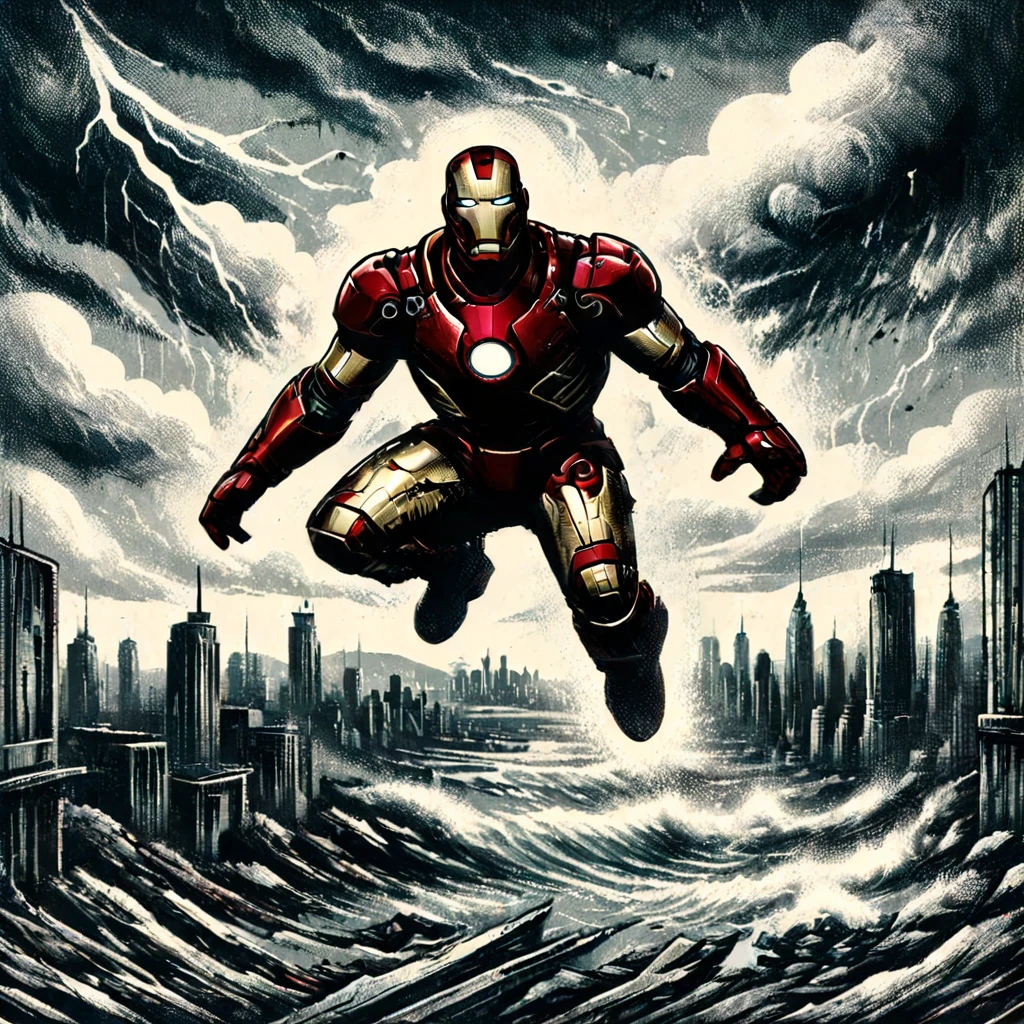 masterpiece, 1 character, iron man, sideways, flying, floating above a city, Destroyed city, chiaroscuro, High quality, DETAILED 