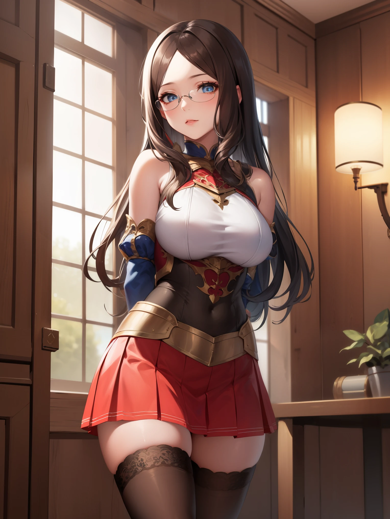 leonardodavinci, leonardo da vinci, blue eyes, brown hair, glasses, long hair, semi-rimless eyewear, under-rim eyewear,
BREAK (skirt, thighhighs, bare shoulders, detached sleeves, armor, white thighhighs, breastplate:1.5),
BREAK looking at viewer,standing, leaning forward, (arms behind back:1.2),
BREAK indoors,
BREAK (masterpiece:1.2), best quality, high resolution, unity 8k wallpaper,NSFW ,(illustration:0.8), (beautiful detailed eyes:1.6), extremely detailed face, perfect lighting, extremely detailed CG, (perfect hands, perfect anatomy),