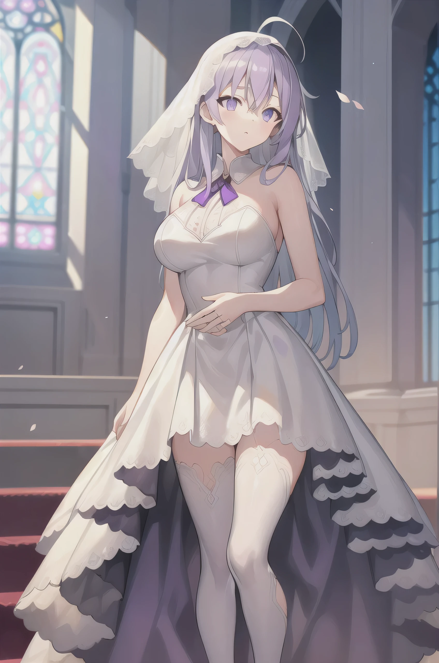 A girl，Long hair, bangs,  white hair, Hair between eyes , ( Purple Eyes:1.5),  (Large Breasts:1.2), 
rest  锁骨, Wedding Dress，Veil，wedding， white dress，Flowers，The skirt is broken，White socks，Tights， White Knee-High Socks ，
  and look at the audience , whole body,
indoor, church，Permanent，Permanent，
rest (masterpiece:1.2),  best quality,  high resolution, Unity 8k Wallpaper, (illustration:0.8), ( beautiful and delicate eyes :1.6),   The details of the face are extremely exquisite,  Perfect lighting, Extremely detailed CG, (Perfect hands,   perfect anatomy ),