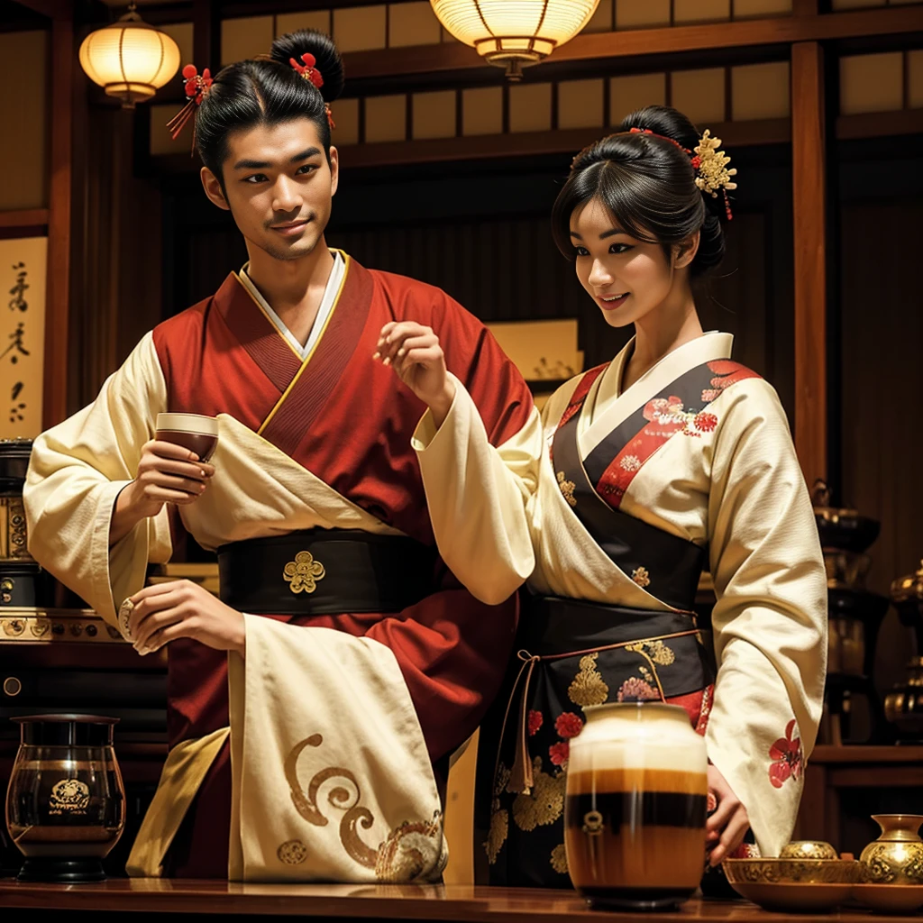 Samurai man and a happy Geisha, dancing, japonense ambience WITH A ANTIQUE COFFEE MACHINE, and cups of hot coffe. HD