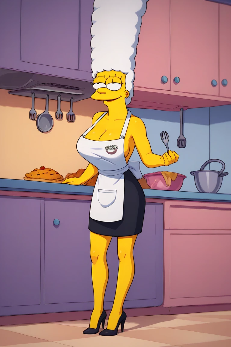 Marge Simpson very beautiful smiling with a super sexy body ((big breasts)) with A female chef in a seductive uniform consisting of a fitted white jacket, with some buttons undone for a provocative touch, and a short black skirt or tight pants. She wears a flirty little apron and a chic chef's hat, along with high heels. The scene is set in a modern, sleek kitchen, with utensils and fresh food in the background, highlighting the combination of professionalism and sensuality in the outfit.