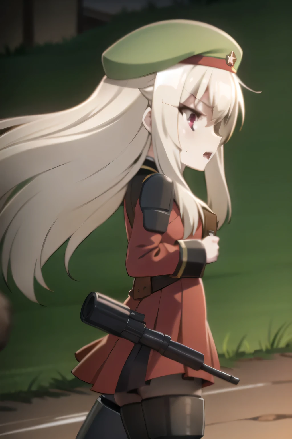 cute angry soldier girl shooting her rifle while surrounded by lots of ejaculating dicks, long blonde hair