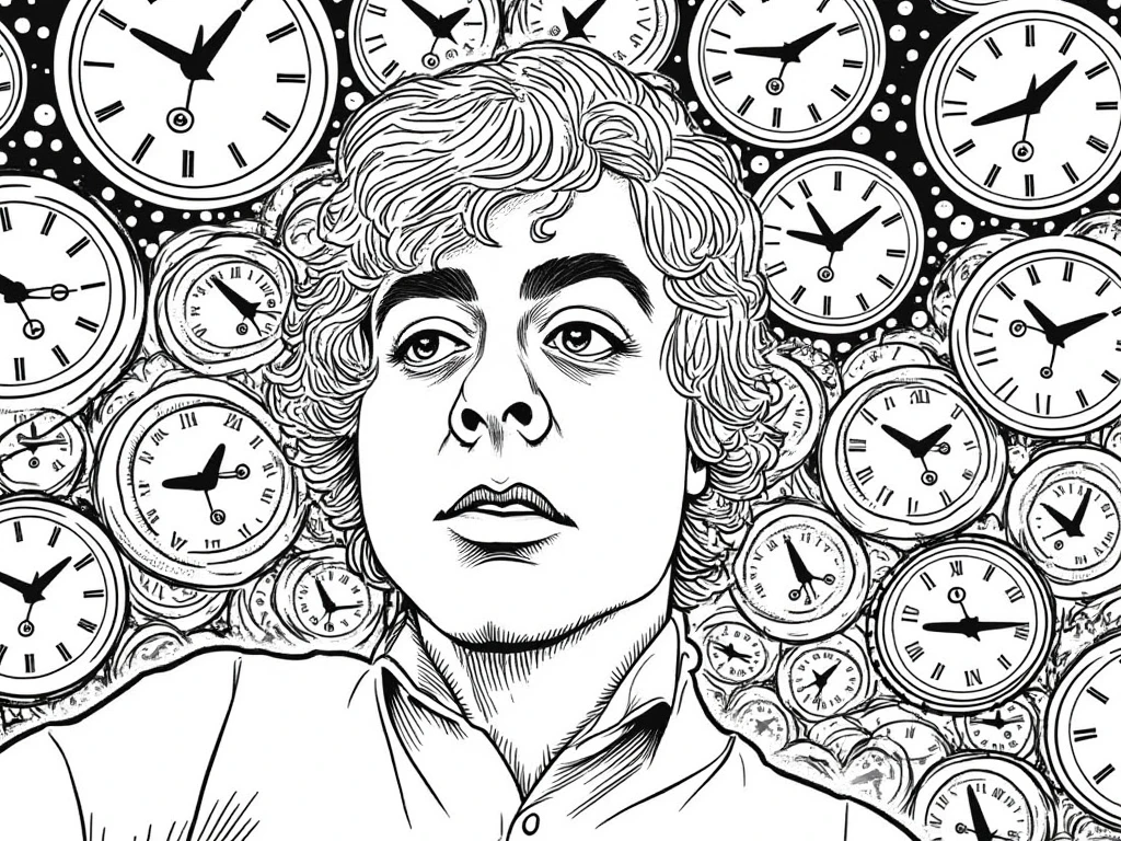 black and white drawing of a man lost a labyrinth of watches