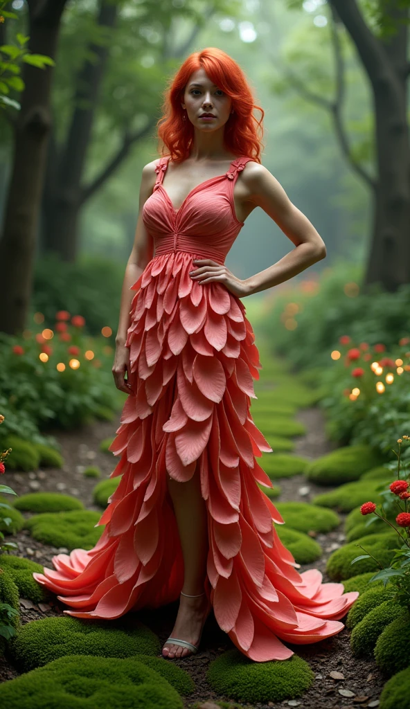 A model with vibrant red hair poses in a watermelon dress made of polished watermelon seeds, intricately arranged in swirling patterns, on a runway of emerald green moss, surrounded by fireflies.