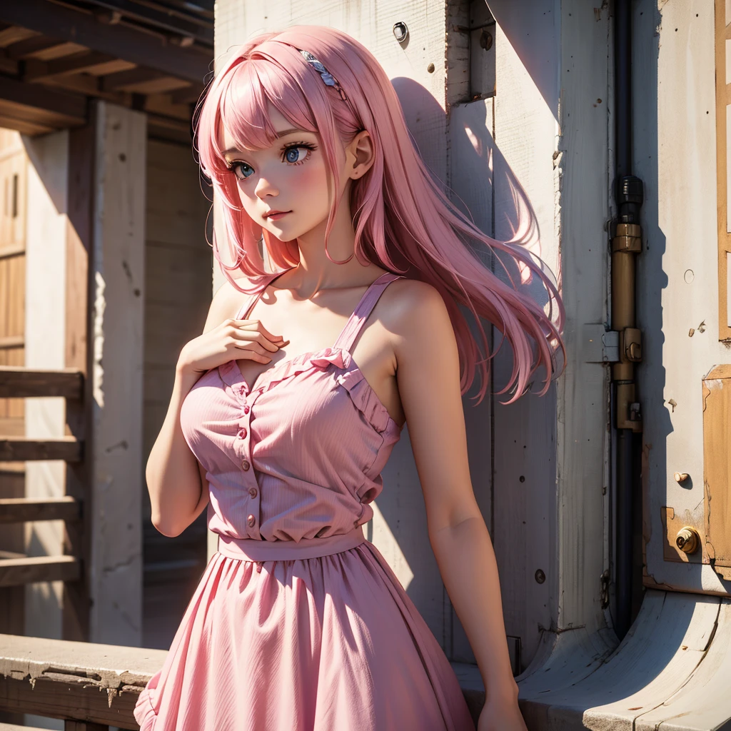 (Masterpiece, BestQuality:1.3), (ultra detailed:1.2), (hyperrealistic:1.3), (RAW photo:1.2), High detail RAW color photo, professional photograph, (Photorealistic:1.4), (realistic:1.4), (Pink Hair:1.5), professional lighting, perfect anatomy, (Big Breasts:1.2), (blush, detailed face), (A happy smile:1.7), sexly, erotic sexly, Random sexy gravure poses, (Red blouse with white flared skirt、Red High Heels、Posing with the night city in the background。The bracelet glows。:1.3)