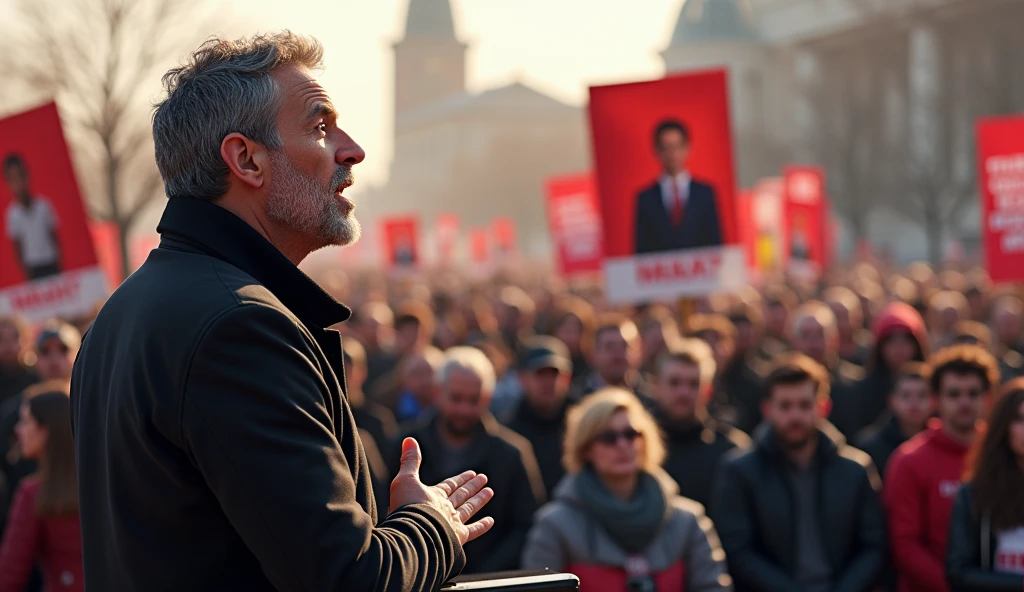 I need an image of people protesting in front of a building with signs in their hands