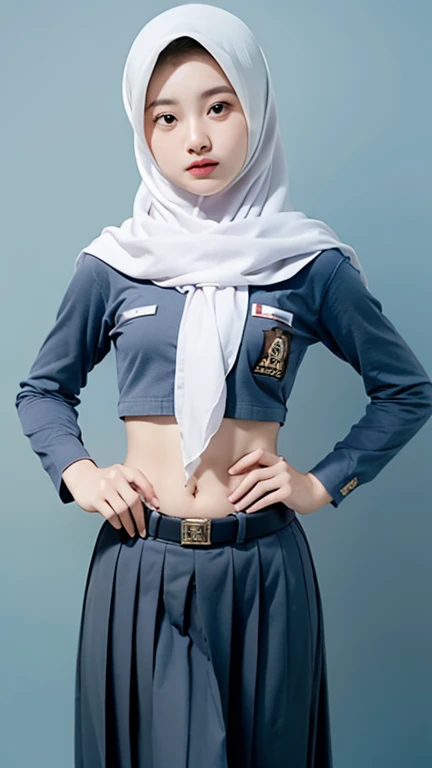 (((Ultra-HD-quality-details))) , school girl wearing hijab (Hijabi) , Long Sleeve Buttoned Crop Navel Uniform ,indistinct. ,pale skin, belt under the hips ,Long skirt ,both hands on hips ,(8k resolusion)