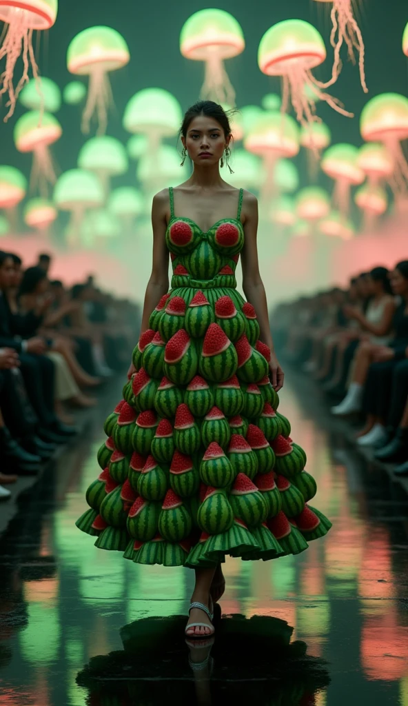 A woman in a dress sewn from hundreds of miniature perfectly formed watermelons, walks a runway of reflective black obsidian, under a sky filled with glowing bioluminescent jellyfish, watermelon dress.