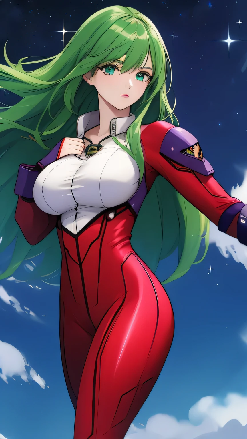 emiliajenius, large_breasts, huge_breasts, standing, solo, Red_pilot_suit_White_bustier_Purple_shoulder_pads_High_collar, starry_sky, green_hair,, masterpiece, best_quality, detailed_face, detailed_eyes, highres, beautiful, detailed, full body