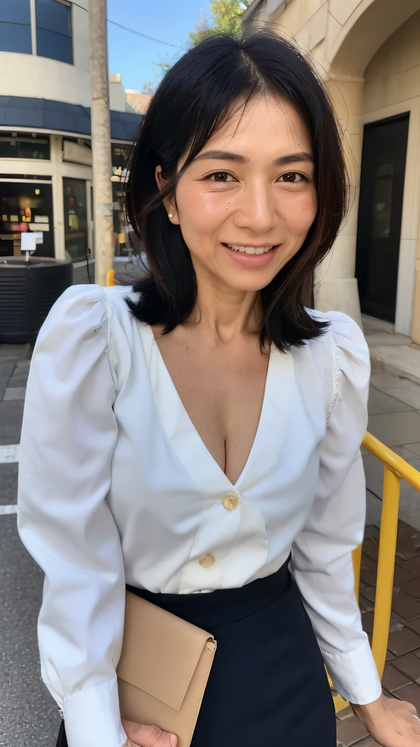 nsfw, ((Best Quality)), ((8k)), ((masterpiece: 1.3)), ( Perfect appearance  ), ( Transparent : 1.6), ( Woman in a suit standing on the sidewalk ), Streetscape , sunny, morning, Streetscape, sunny morning, Japanese women, 47 years old, ( realistic skin texture)), (Fine lines all over the skin: 1.3), (Dull skin: 1.1), (Dry skin) : 1.2), (Facial wrinkles: 0.9), (Wrinkles at the corners of the eyes: 1.2),  double eyelid on the midnight stage, Tear bags on the lower eyelids, (Crying Mole: 0.9), The eyes are watching me,  serious look, ( Dimples: 1.2),  Medium length hairstyle , A kind smile,  Eyes Are Facing Here ,  short hairstyles, Soft fabric blouse, wide sleeves, A cuff that fits your wrist perfectly, ( The hem of her blouse is in the skirt: 1.2), Flared Skirt, High heels, (whole body: 1.4),  Low Angle,