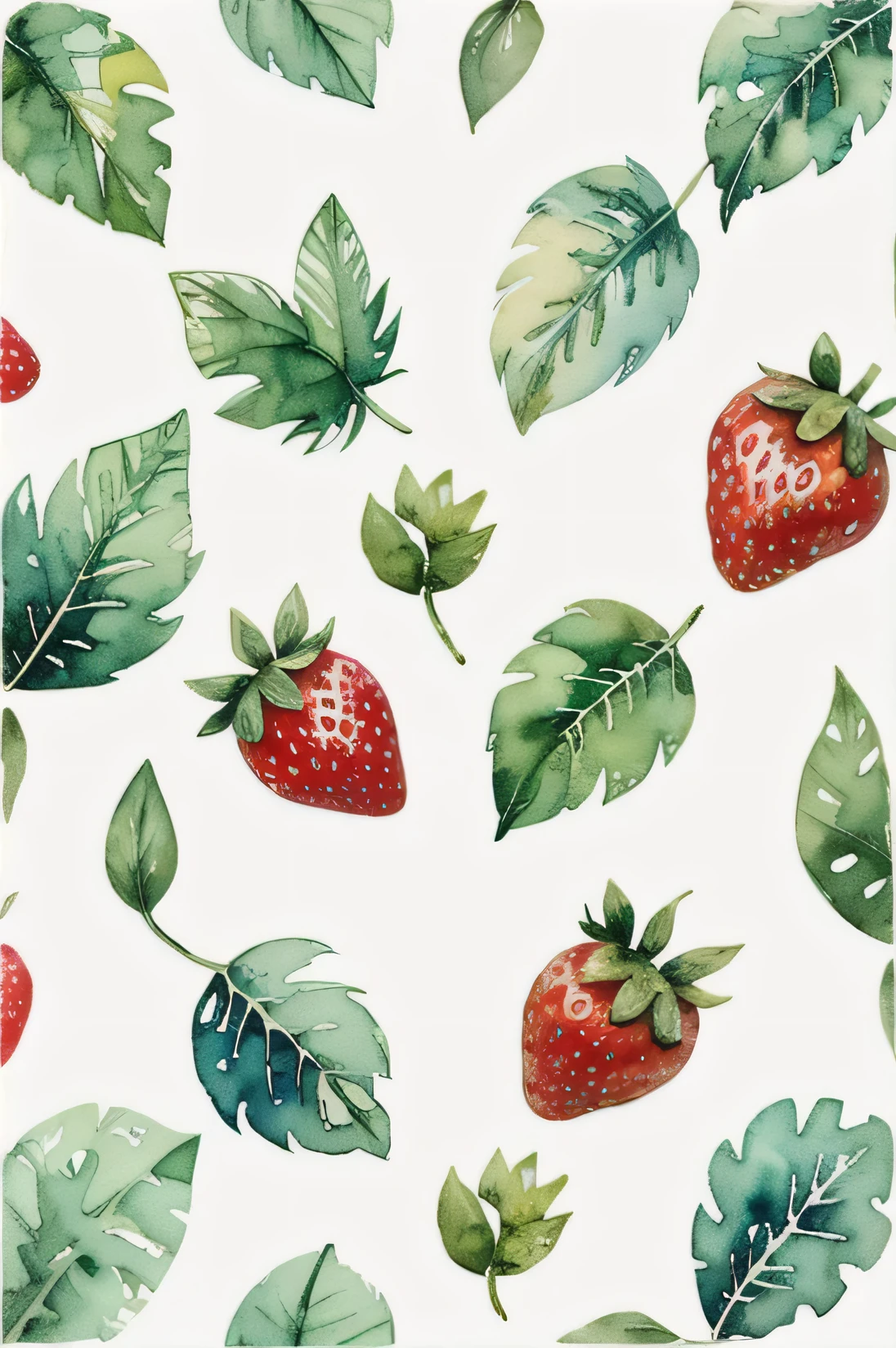 watercolor painting style， ten strawberries tiled，2D，Leaves， small white flower， small fresh color scheme ，Bright，Bright，Warmth，Abstract Art，Wrapping paper