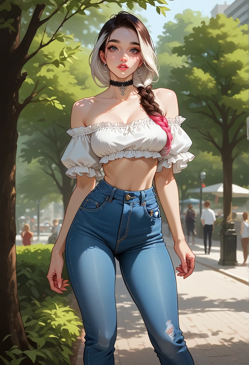 very beautiful very fit woman with long multicolored hair. Brunette and white hair. (((narrow waist))), ((very wide hips)). Perfect bubble butt. choker. Almond eyes. Thick lashes.Toned legs.  natural lighting. Park. ((Very wide loose jeans)). ((Low waisted pant). Lowering her pants. Short blouse. Jewelry