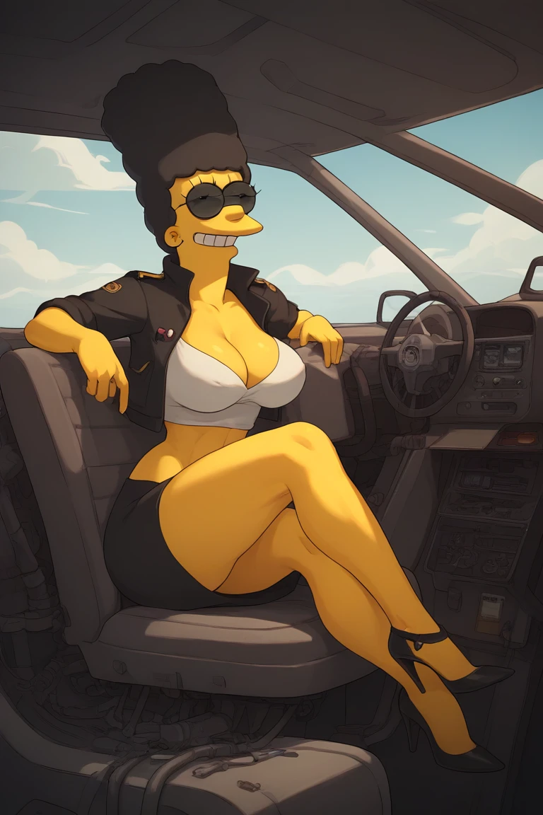 Marge Simpson very beautiful smiling with a super sexy body ((big breasts)) with A female pilot in a provocative uniform consisting of a fitted black aviator jacket with gold insignia, paired with a fitted white blouse and a short skirt or fitted trousers. She wears high heels, aviator glasses and a classic pilot cap. The scene is set in the cockpit of an airplane, with details of controls and screens, highlighting the fusion of authority and sensuality in the outfit.