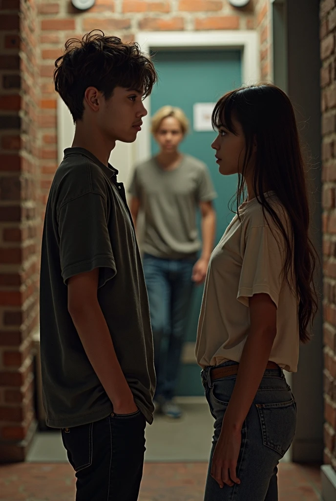 A young and attractive girl with long black hair, brown eyes and white skin, He wears a white t-shirt and black jeans, She is leaning her back against a wall in a dark, dimly lit basement., Her gaze reflects fear as in front of her there is a young and attractive boy with short black hair, dark eyes and white skin, He is wearing black jeans, a t-shirt of the same color along with a black leather jacket, who has a hand on the girl's neck while looking at her angrily