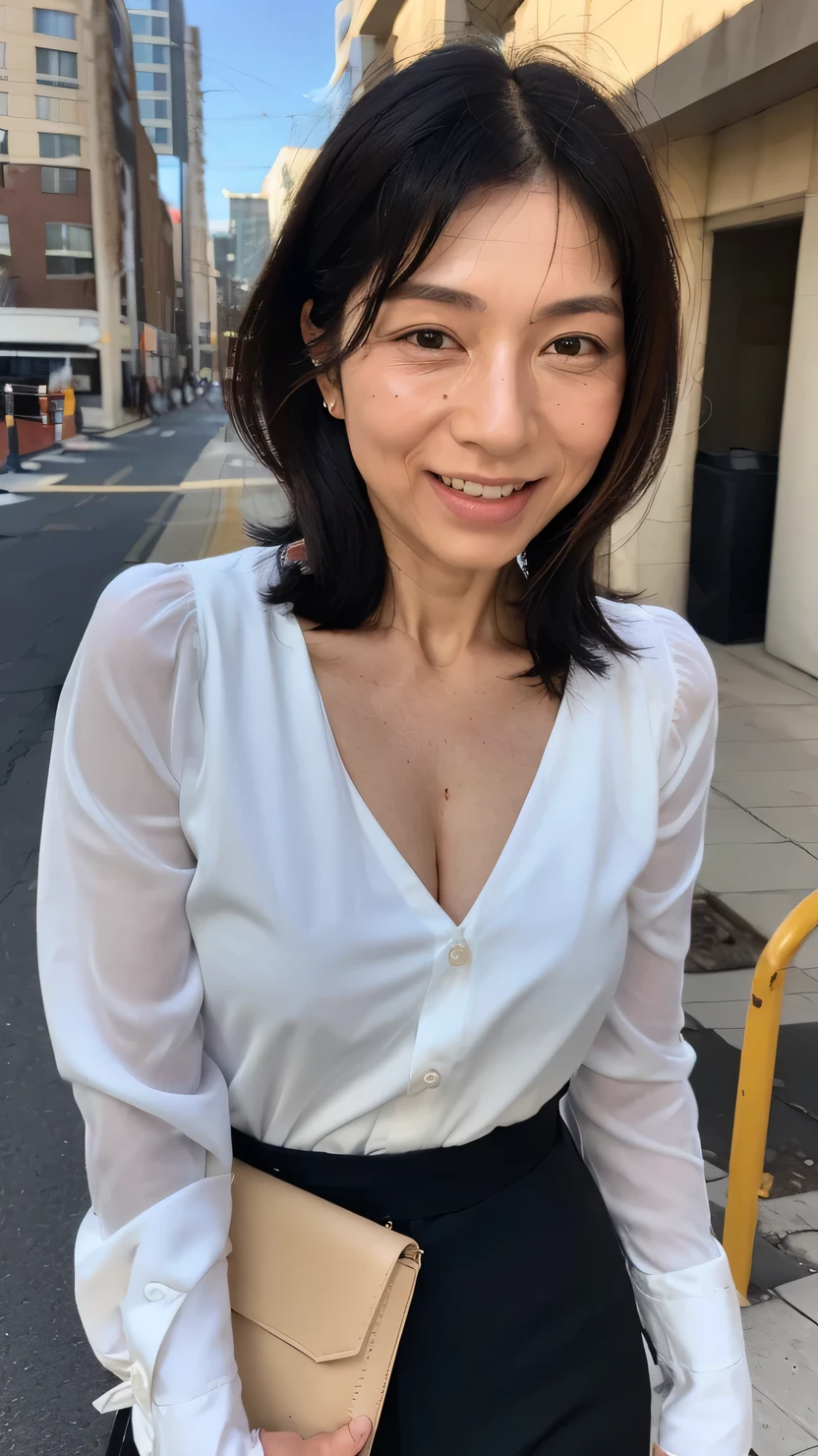 nsfw, ((Best Quality)), ((8k)), ((masterpiece: 1.3)), ( Perfect appearance  ), ( Transparent : 1.6), ( Woman in a suit standing on the sidewalk ), Streetscape , sunny, morning, Streetscape, sunny morning, Japanese women, 47 years old, ( realistic skin texture)), (Fine lines all over the skin: 1.3), (Dull skin: 1.1), (Dry skin) : 1.2), (Facial wrinkles: 0.9), (Wrinkles at the corners of the eyes: 1.2),  double eyelid on the midnight stage, Tear bags on the lower eyelids, (Crying Mole: 0.9), The eyes are watching me,  serious look, ( Dimples: 1.2),  Medium length hairstyle , A kind smile,  Eyes Are Facing Here ,  short hairstyles, Soft fabric blouse, wide sleeves, A cuff that fits your wrist perfectly, ( The hem of her blouse is in the skirt: 1.2), Flared Skirt, High heels, (whole body: 1.4),  Low Angle,