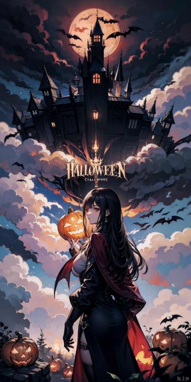 source_anime, R3TR0SC1F1, ((score_9)),score_8_up,score_7_up,score_6_up,score_5_up,score_4_up,Castlevania_Style, Castlevania Style, 1woman, vampire, halloween, pumpkins, fog, eerie, outdoors, smoke, clouds, 