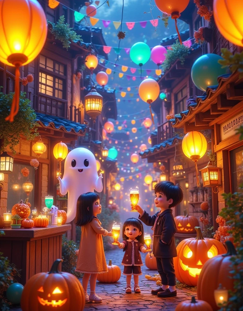 In a vibrant Hong Kong bar, a group of mischievous ghosts and a Hong Kong man gather to raise their glasses in a toast. The atmosphere is electric with Halloween revelry, as they savor the crisp taste of Asahi Japanese beer. The Pixar-inspired scene bursts with Ultra-detailed masterpieces: candles flicker, lanterns glow, and jack-o'-lantern smiles playfully amidst cobweb-covered decorations. Spirits mingle, laughing and chatting as the bartender expertly crafts a bewitching brew. Display Aaahi beer prominently，Blind box design ，Pop Mart, 1wsjly1