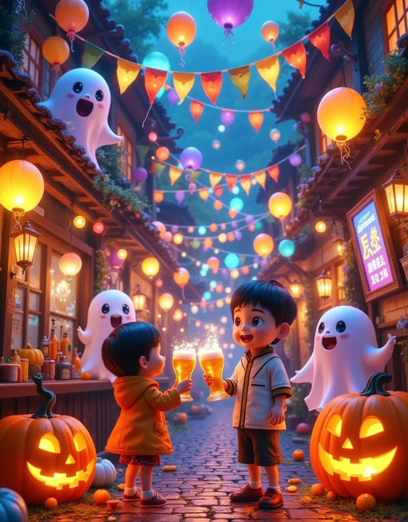 In a vibrant Hong Kong bar, a group of mischievous ghosts and a Hong Kong man gather to raise their glasses in a toast. The atmosphere is electric with Halloween revelry, as they savor the crisp taste of Asahi Japanese beer. The Pixar-inspired scene bursts with Ultra-detailed masterpieces: candles flicker, lanterns glow, and jack-o'-lantern smiles playfully amidst cobweb-covered decorations. Spirits mingle, laughing and chatting as the bartender expertly crafts a bewitching brew. Display Aaahi beer prominently，Blind box design ，Pop Mart, 1wsjly1