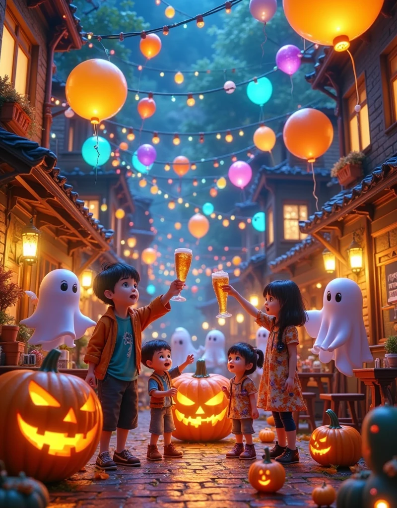 In a vibrant Hong Kong bar, a group of mischievous ghosts and a Hong Kong man gather to raise their glasses in a toast. The atmosphere is electric with Halloween revelry, as they savor the crisp taste of Asahi Japanese beer. The Pixar-inspired scene bursts with Ultra-detailed masterpieces: candles flicker, lanterns glow, and jack-o'-lantern smiles playfully amidst cobweb-covered decorations. Spirits mingle, laughing and chatting as the bartender expertly crafts a bewitching brew. Display Aaahi beer prominently，Blind box design ，Pop Mart, 1wsjly1