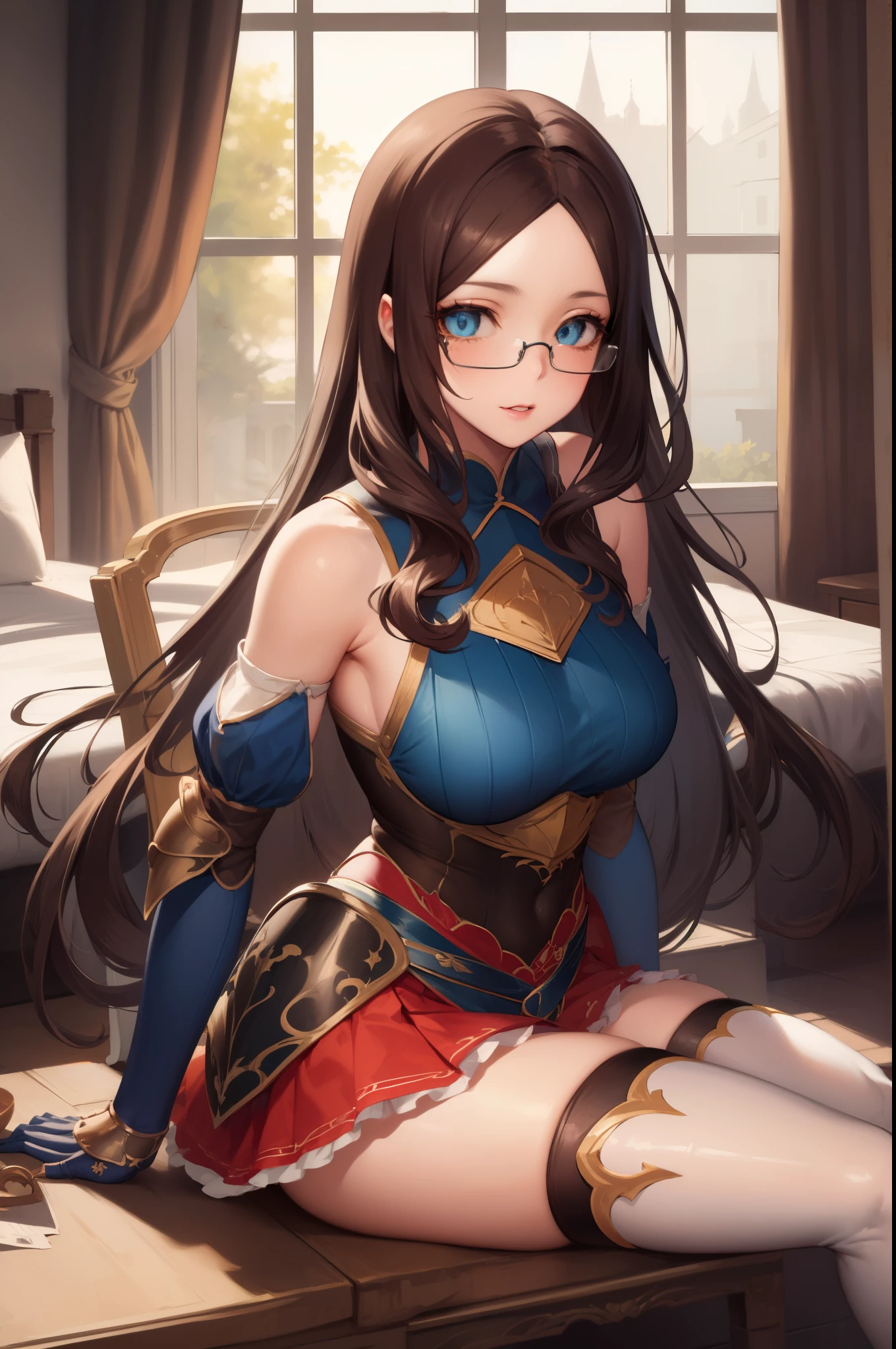 leonardodavinci, leonardo da vinci, blue eyes, brown hair, glasses, long hair, semi-rimless eyewear, under-rim eyewear,
BREAK (skirt, thighhighs, bare shoulders, detached sleeves, armor, white thighhighs, breastplate:1.5),
BREAK (masterpiece:1.2), best quality, high resolution, unity 8k wallpaper,NSFW ,(illustration:0.8), (beautiful detailed eyes:1.6), extremely detailed face, perfect lighting, extremely detailed CG, (perfect hands, perfect anatomy),