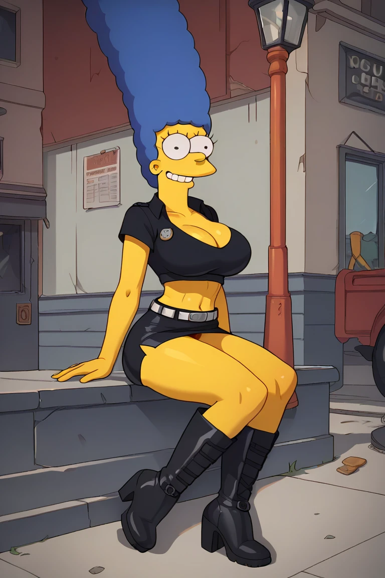 Marge Simpson very beautiful smiling with a super sexy body ((big breasts)) blue hair, with A female security guard wearing a provocative uniform consisting of a tight black top with badges and shorts or a short skirt. She is wearing a security tool belt, high boots, and an earpiece in her ear. The scene is set in an urban environment or at the entrance of a building, with security lights and surveillance details in the background, highlighting the combination of authority and sensuality in the outfit.