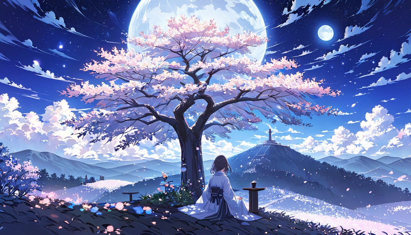 A woman,pastel,sitting woman,A cherry tree,Under the cherry tree,Cherry tree on top of the mountain,Under the night sky,The light shines in,Bright white clouds,Light clouds,many stars,strong moonlight,seen from afar,A touching scene,strong contrast