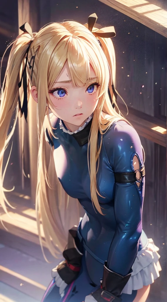 super high quality、Best Quality、masterpiece、 very cute、Marie Rose、 Shiny Beautiful Blonde 、Beautiful Life 、 beautiful hair with highlights、(( very small breasts :1,2))、 long twin tails 、(shiny purple competitive swimsuit)、Purple arm covers、Cornered、fear、Frightened expression、Red ribbon、Hands Behind Back、hands clasped behind one's back、 very beautiful face 、Detailed face、Detailed eyes、(portrait)、 Professional Proof、forward light、(( front angle :1,5))