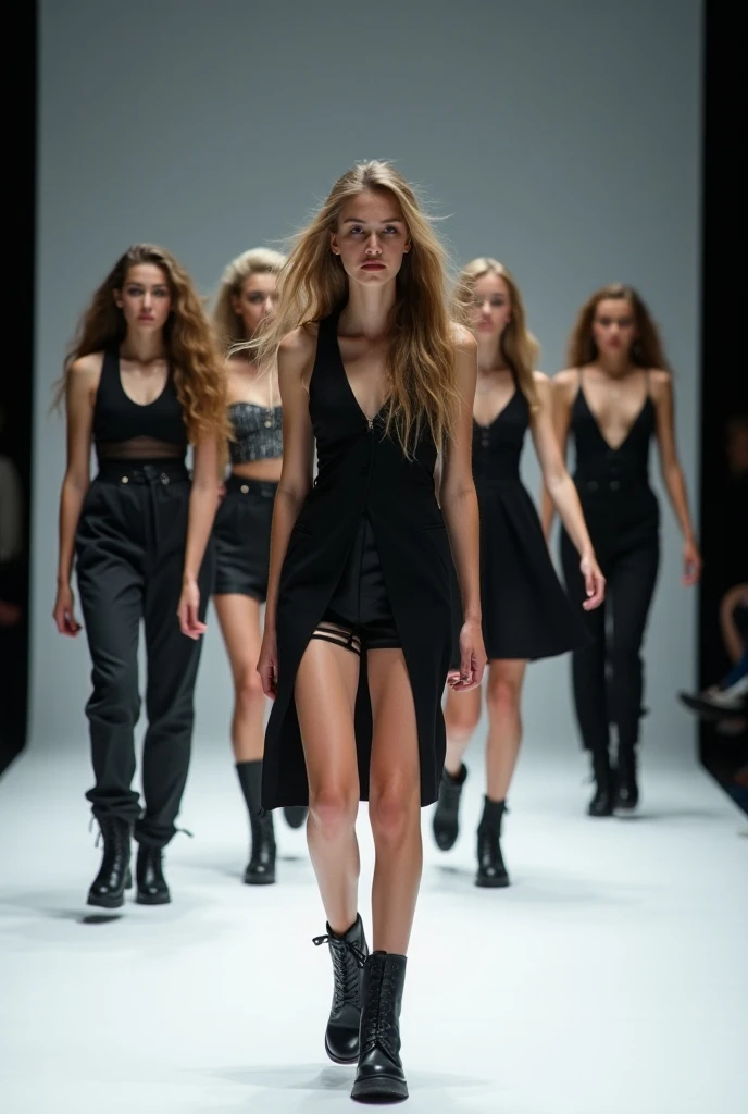 create models parading with shorts made with crepe fabric Amanda, in black nor luxurious color and also an image of a clothing label with the necessary details 
