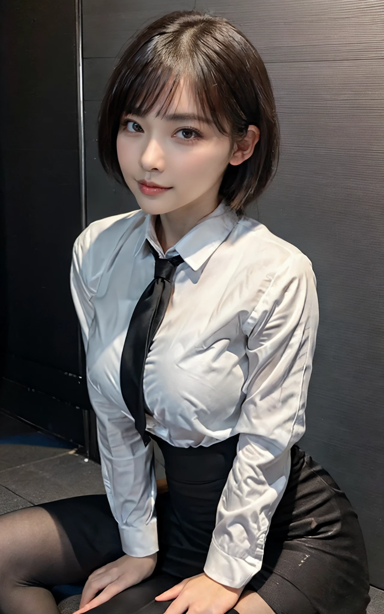 A composition that captures the whole body,（First from the bottom, Young Japanese female new employee, Black business suit set, (Black jacket, White shirt, Black Pencil Skirt, blown pantyhose), Arrogant expression, (disdain, Single eyelid, Narrow eyes, Brown eyes, Thick and plump lips, Strong jaws), Cheeky, banned Black Hair, Big Breasts, dominatrix, female dominant, foot worship, goddess, 