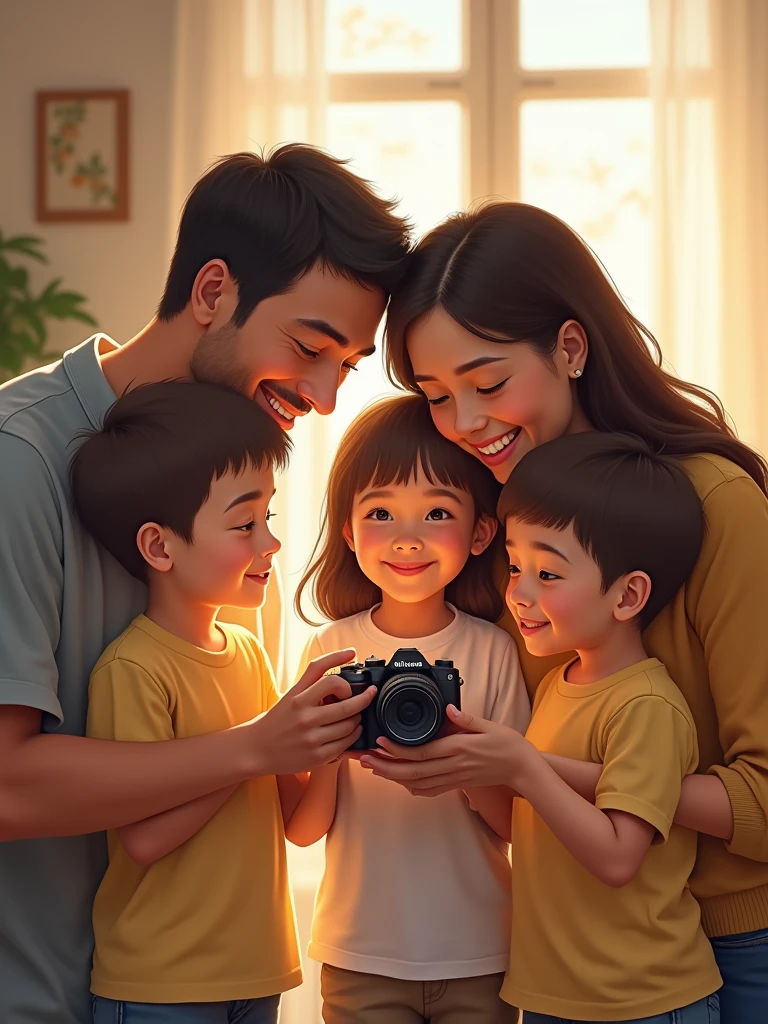 Jhon, which is his name, is 2, has brown hair and dark eyes, and is in the park with his family, which are his short blonde wife and his newborn baby son in the girl's arms., while a short 40-year-old man with dark hair and light eyes takes a photo of them ( The image shows the man standing taking the photo and the family posing. )