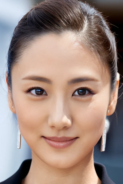 a beautiful japanese woman with an updo hairstyle, slicked back hair, bun hairstyle, wide forehead, round face, big eyes, wearing a women's suit, detailed face, highres, 4k, photorealistic, detailed facial features, beautiful detailed eyes, beautiful detailed lips, extremely detailed face, longeyelashes, elegant, professional portrait, dramatic lighting, vibrant colors, cinematic composition
