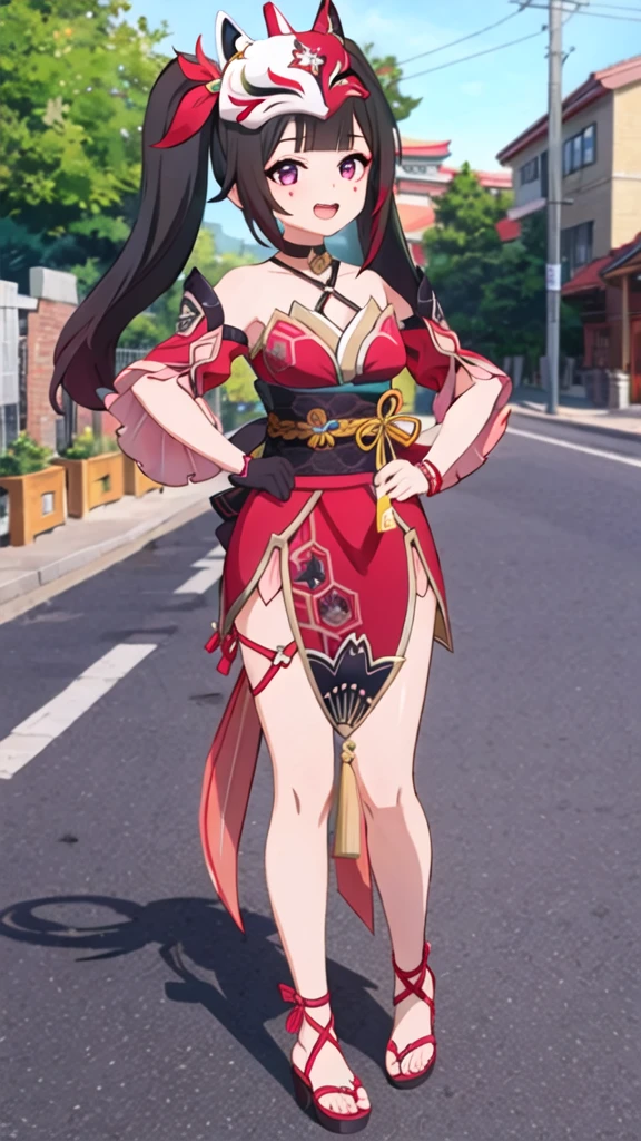 1girl, sparkle \(honkai: star rail\), twintails, hair ornament, solo, off shoulder kimono, mask on head, detached sleeves, choker, obi, single glove, wristband, criss-cross halter, thigh strap, cowboy shot, standing, japanese street, outdoors, depth of field, smug, open mouth, hands on hip, looking at viewer , full body , full body art , teenager