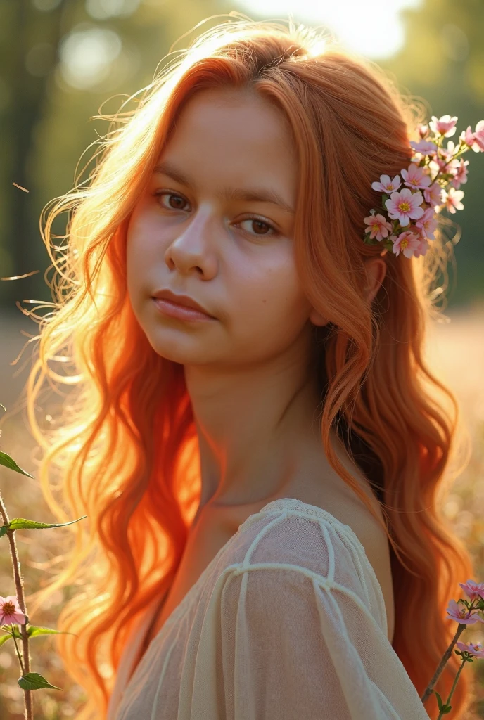 A radiant photo-shoot episode by viktoria haack, with an interplay of an enticing Emma, scattering flower petals at a forest clearing, featuring a flowing floral-patterned dress, a teasing smile framed by amber hair, and eyes mirroring the soft light of the spring afternoon.