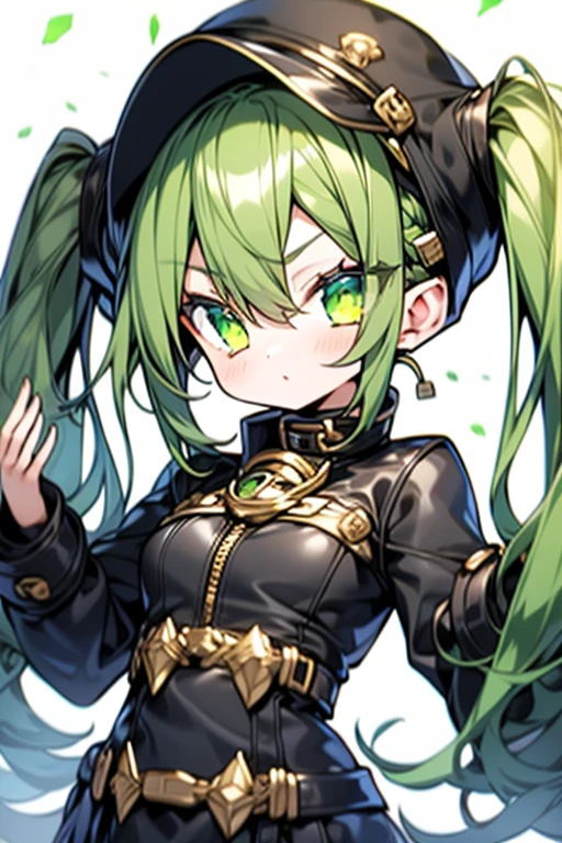 girl,huge breasts,cleavage,long hair,very bright green hair,red eyes,closed one eye,chest focus,smile,open your mouth,Red Idol Uniform,cover one's chest with one's hands,dutch angle,close to the viewer,